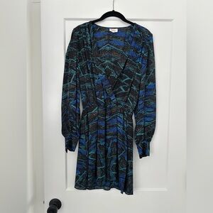 Parker Long Sleeve Blue Black Green Patterned Dress Smll